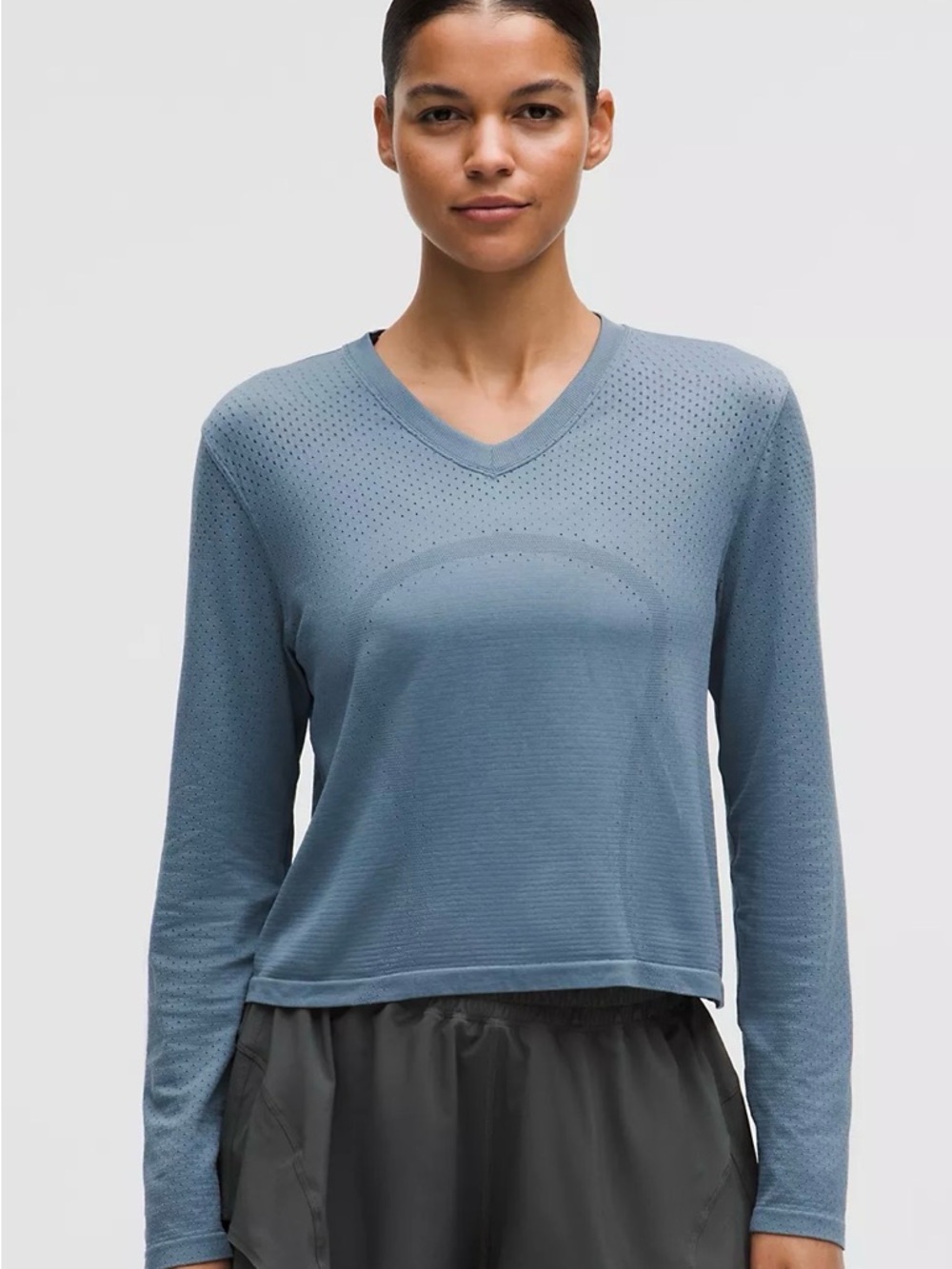 lululemon athletica steal blue swiftly open hole V neck long sleeve